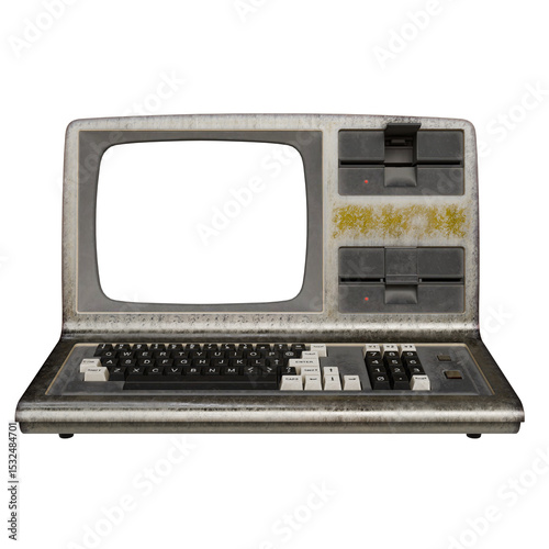 A vintage, all-in-one computer system with a monochrome monitor, integrated keyboard, metallic grey casing showing signs of age and use.  The design is boxy and features several buttons