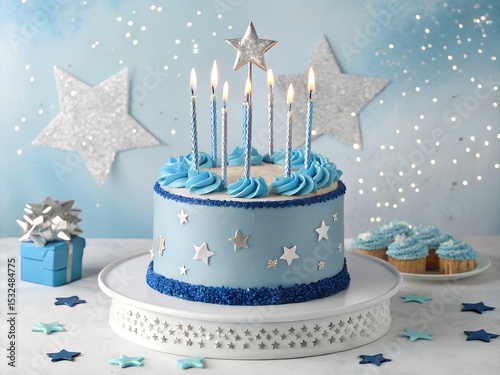 A celestial-themed birthday cake with blue frosting, silver stars, and lit candles sits on a cake stand.