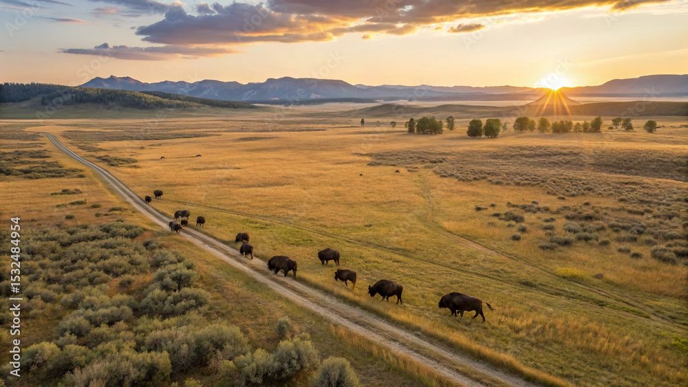 Obraz premium Panoramic Aerial View of Bison Herd at Sunset Crossing Grassland