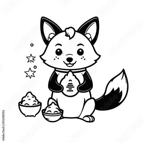 もぐもぐキツネとおにぎり｜Cute Fox Eating Onigiri