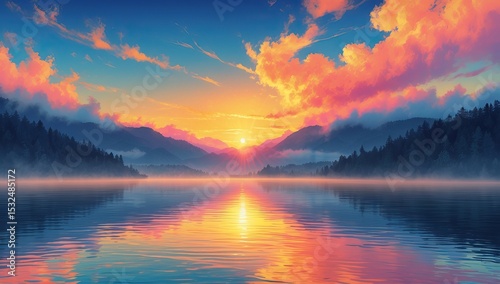 Illustration of a Scenic Lake Surrounded by Mountains in the Glow of Sunset