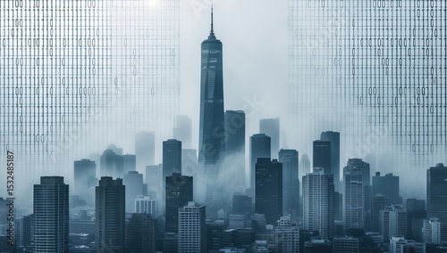 Illustration of a Futuristic City with Skyscrapers Covered in Digital Symbols and Data Streams