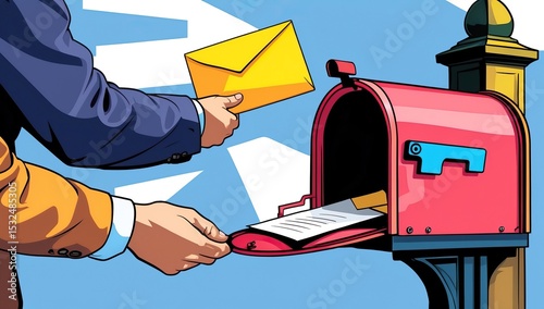 Illustration of a Person Dropping an Envelope into a Mailbox with an Open Door