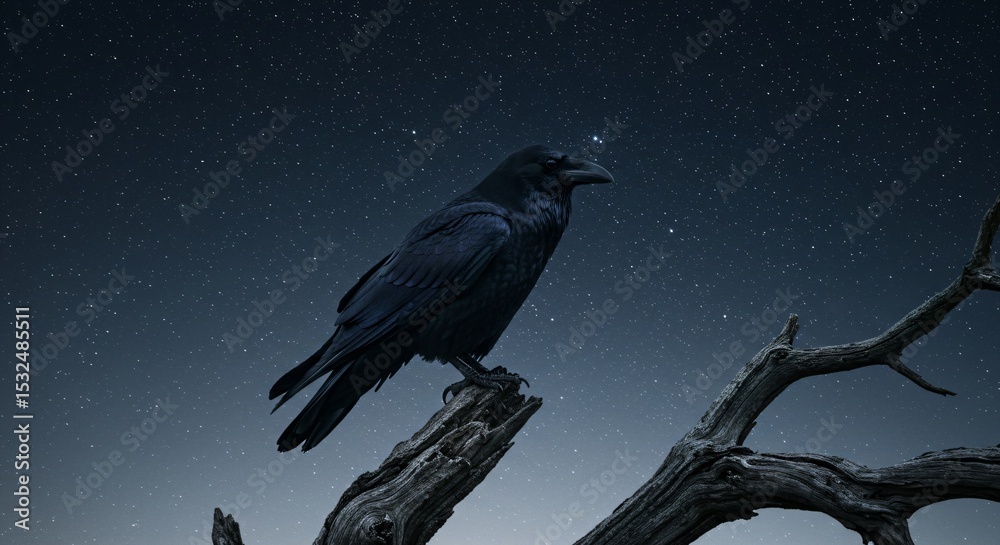 Fototapeta premium Dark raven perched on a dead branch in a mystical forest. Spooky night scene for Halloween or fantasy concept.