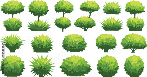 Vector illustration set of green garden bushes and decorative shrubs in various cartoon styles, isolated on white background for landscaping, park, and outdoor design
