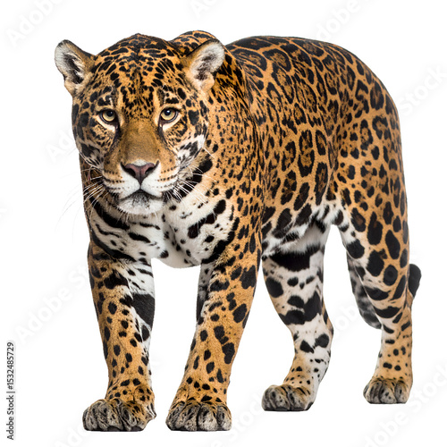 Magnificent jaguar prowling forward, intense gaze, powerful predator, feline presence on transparent background