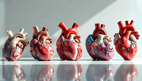 A collection of high-detail anatomical models showing the human heart brain and lungs. The models are realistic well-lit and placed on a reflective white surface