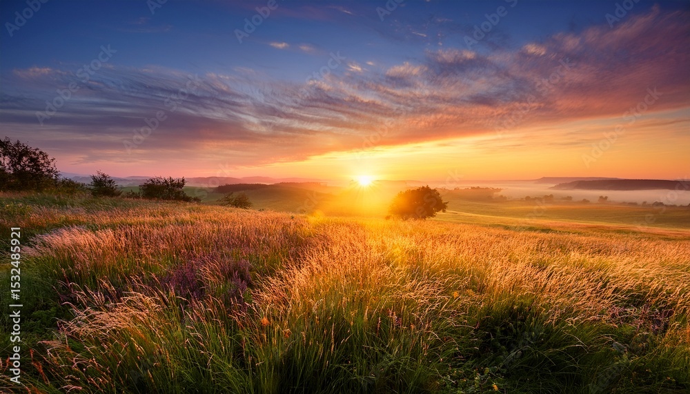 Obraz premium gorgeous sunrise above meadow copy space image place for adding text or design