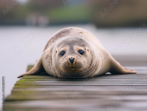A seal resting on a pier, blurred background