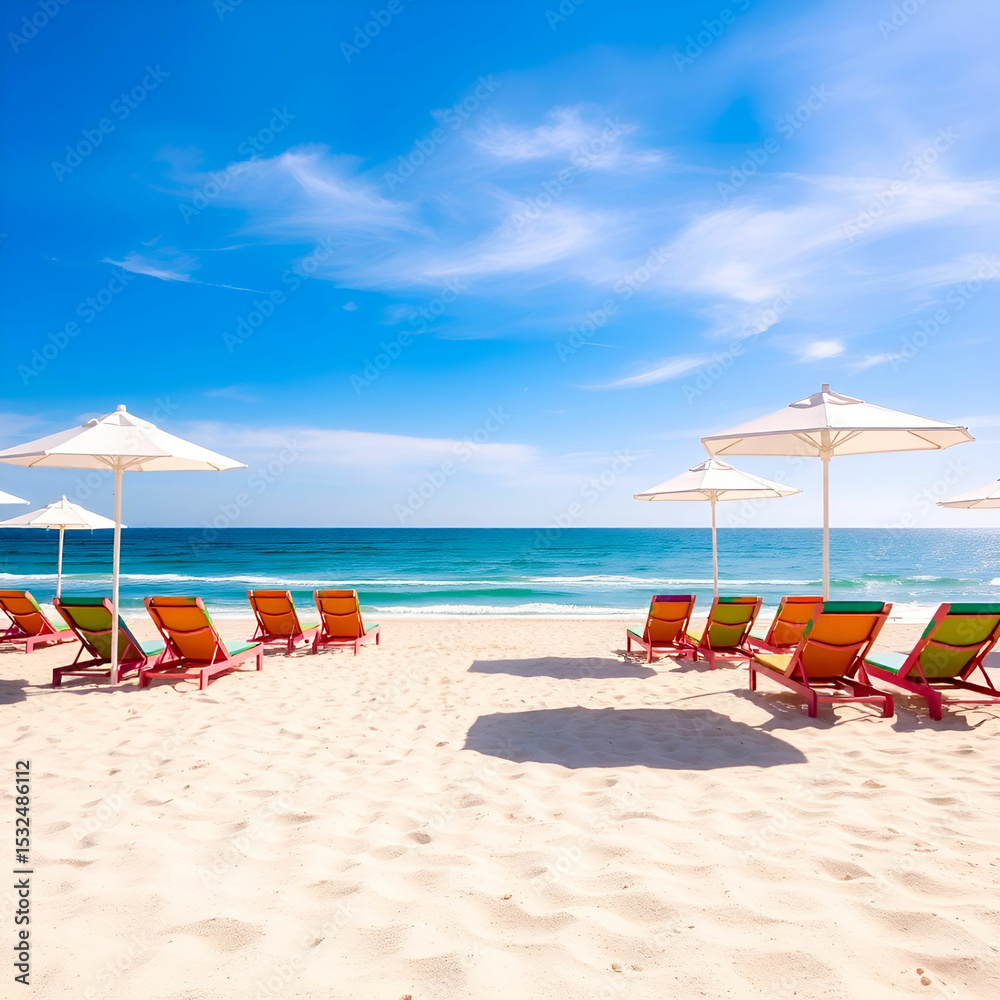 Fototapeta premium beach vacation banner, website banner with sunny beach scene, foreground featuring a bright towel, flip-flops, and wide-brim hat, with a blurred sea backdrop ample space for website text on the