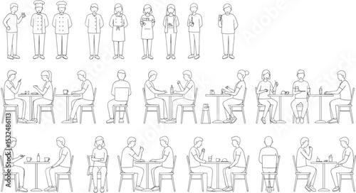 Vector line art people in cafe, sitting dining drinking coffee, chef waiter customer illustrations, modern cafe scene, restaurant characters, minimal restaurant staff and guests
