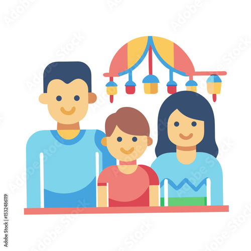 Colorful illustration of a happy family consisting of parents and a child under a decorative canopy
