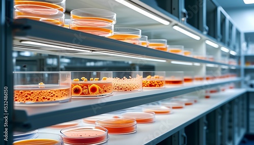 A sterile lab with shelves of petri dishes showing bacterial cultures in various stages. The environment is clinical and organized with bright white lighting