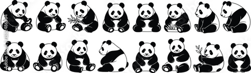 Cute cartoon panda bear illustrations in various sitting and eating poses, isolated vector icons collection on white background, perfect for children, design, decor, and stickers