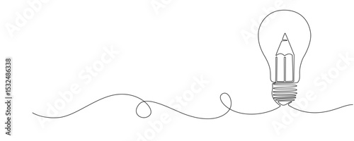 Light bulb and pencil in one continuous line drawing. Creative idea innovation and writer and poetry concept.