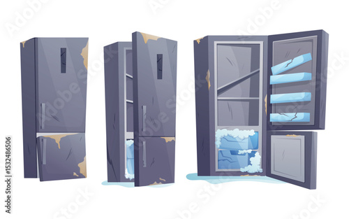 Old Broken Refrigerator Cartoon isolated Vector Set. Dirty Metallic Fridge with Scratches, Rust, Ice Buildup, and Damaged Shelves in Open, Half-Open, and Closed Views