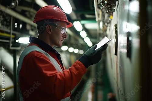 A male engineer is conducting a thorough examination of a LNG storage vessel to guarantee the security and effectiveness of the storage procedure. photo