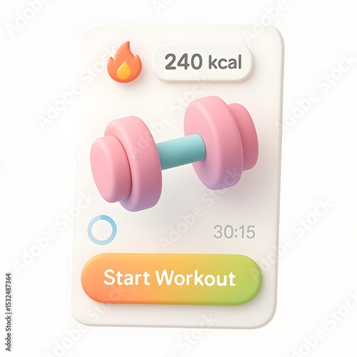 3D illustration of a floating fitness app interface featuring a central dumbbell, calorie burn indicator, and start workout button. Ideal for mobile UI/UX concepts, infographics, and explainer animati