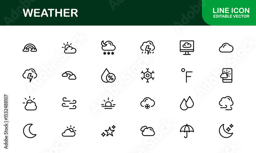 Premium weather icons collection including minimal line art for sun, cloud, rain, snow, and storm concepts