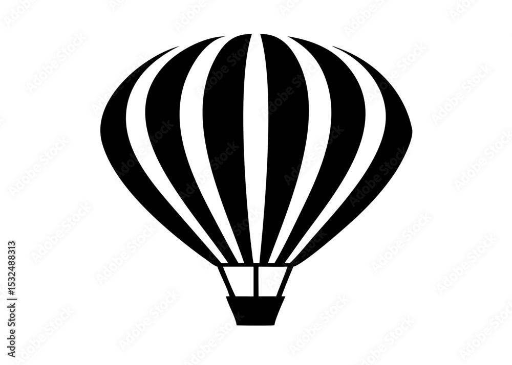 Obraz premium Hot Air Balloon Silhouette – Minimalist Black and White Vector Illustration with Striped Balloon Design 