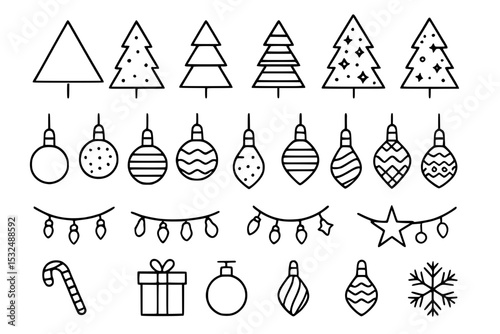 Minimalist Christmas Tree & Ornament Line Art Icons Set