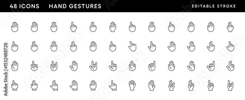 Hand gesture icon set. Gesture, touch, finger interaction, swipe, slide, finger pointer, tap and more. Editable stroke. Pixel Perfect. Grid base 32 x 32.