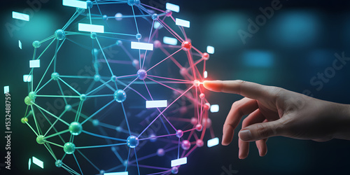 Human Hand Interacting with a Vibrant Network Sphere Illustrating Global Connectivity and Data Interaction Technology