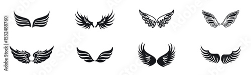 Black wings icon set. Bird wings, angel wings, and feather silhouettes for logo design or art. Stylish set isolated on white background. High-quality flat, Set of black wings vector illustration.
