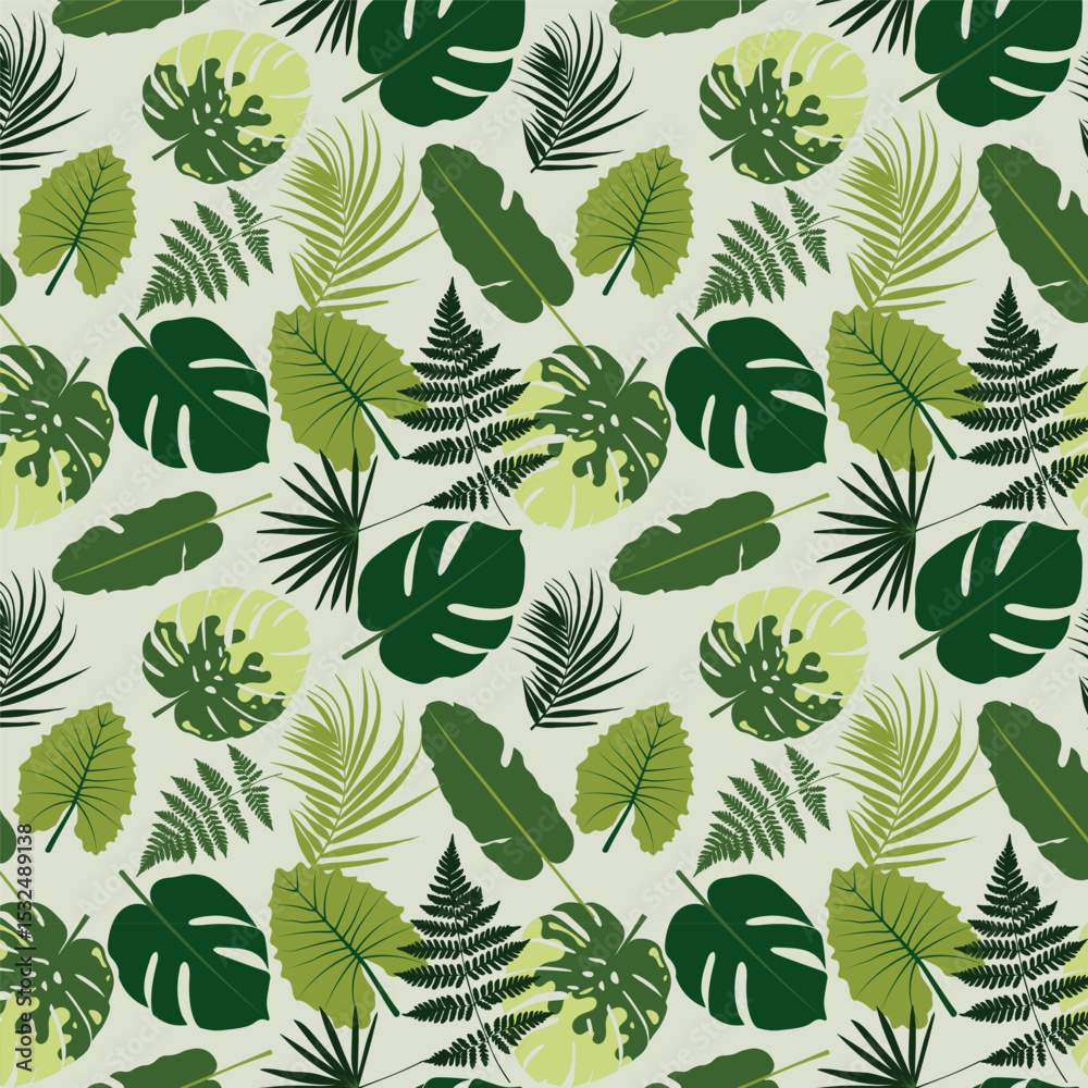 Naklejka premium the seamless tropical pattern contains fern leaves and various places including monsters and palm leaf