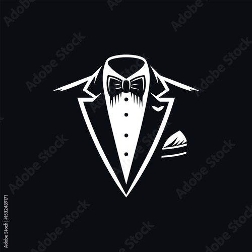 Sophisticated white tuxedo silhouette logo featuring crisp bow tie and pocket square on luxurious black background