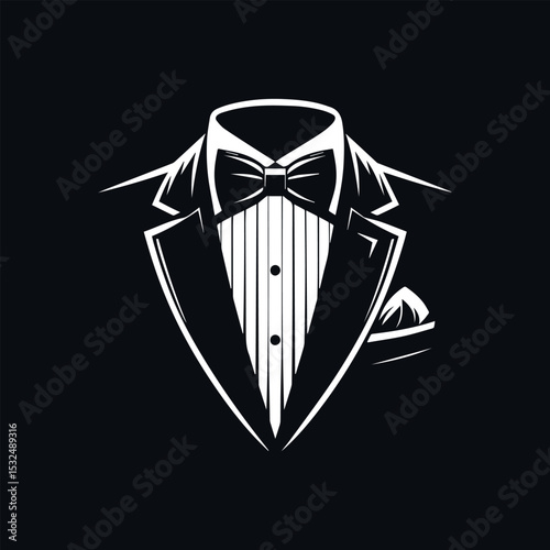 Sophisticated white tuxedo silhouette logo featuring crisp bow tie and pocket square on luxurious black background