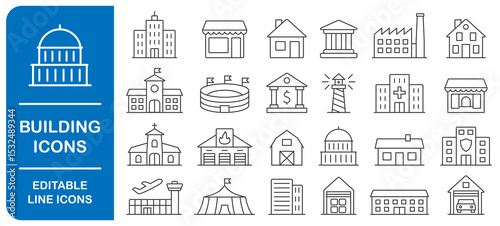 Building editable line icon set. City architecture symbol sign. Containing Circus, airport, house, factory, bank, school, fire station, shop, hospital icons collection.  Vector illustration image. 