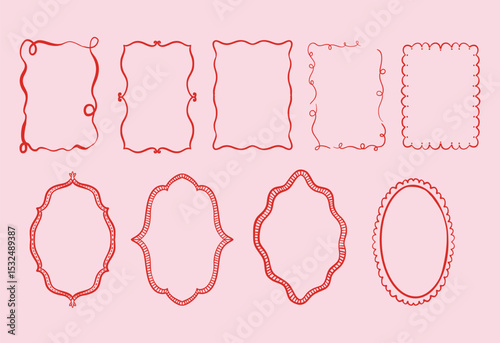 Elegant Hand-Drawn Wavy Squiggle Borders in rectangle and oval shape Frames set. Whimsical Minimalist drawing perfect for vintage theme wedding invitation, card design.	
