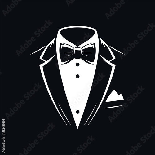 Sophisticated white tuxedo silhouette logo featuring crisp bow tie and pocket square on luxurious black background