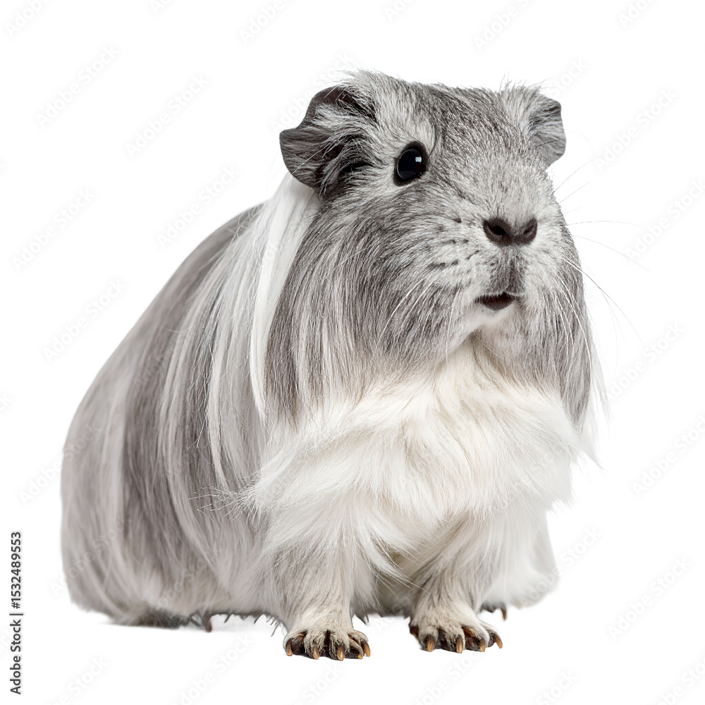 Fototapeta premium Portrait of a fluffy grey guinea pig with long hair looking forward on transparent background