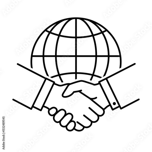 Vector drawing of two hands clasped in a handshake below a stylized globe