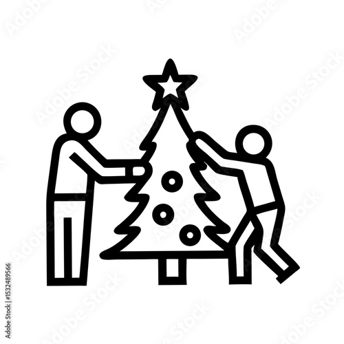 Outline icon of two people decorating a Christmas tree together, symbolizing holiday traditions and family bonding

