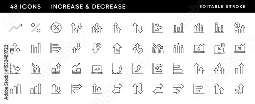 Increase and decrease icon set. Business growth, finance, economy, statistics, summary, growing, accounting, increase percent and more. Editable stroke. Pixel Perfect. Grid base 32 x 32.