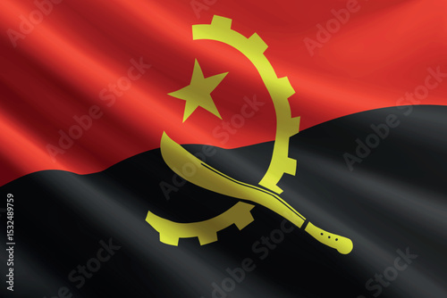 Angola flag waving in the wind, detailed silk texture