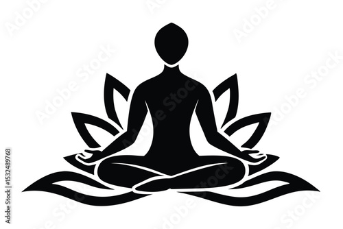 Black Silhouette of Meditating Person Inside Lotus Flower Vector Illustration Image