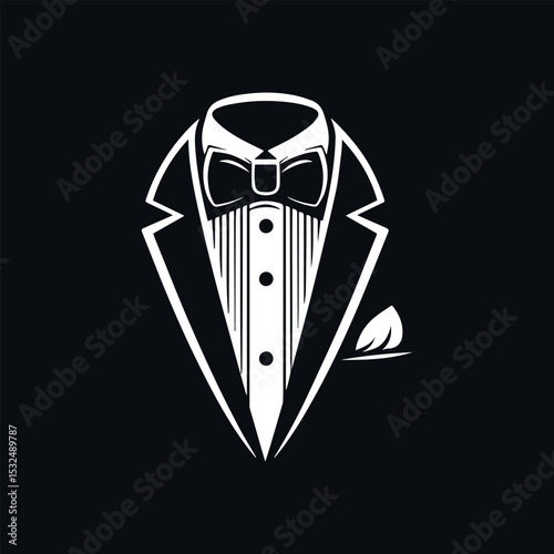 Minimalist white tuxedo vector logo with precise bow tie and pocket square details against dramatic black backdrop