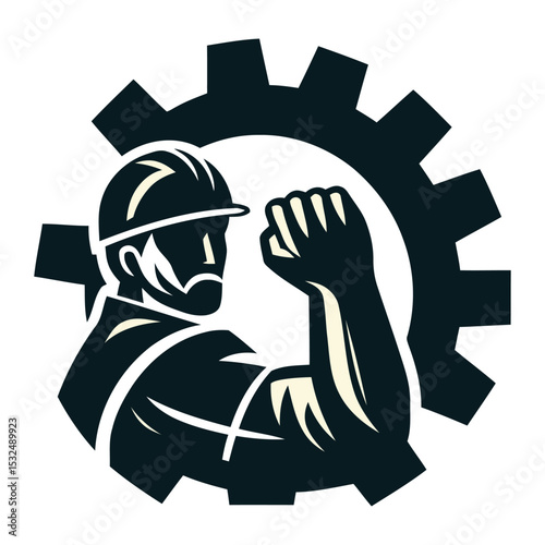 Strong Worker with Gear and Fist Logo Design