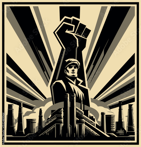 Powerful Worker with Raised Fist Propaganda Poster