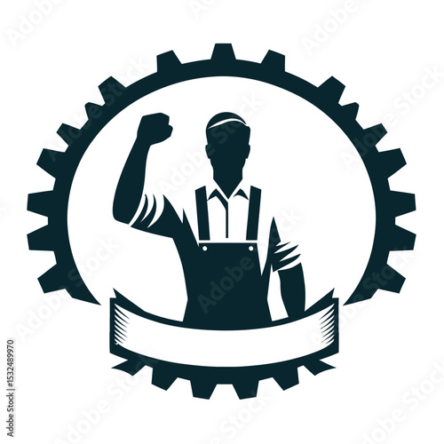 Strong Worker with Gear and Fist Logo Design