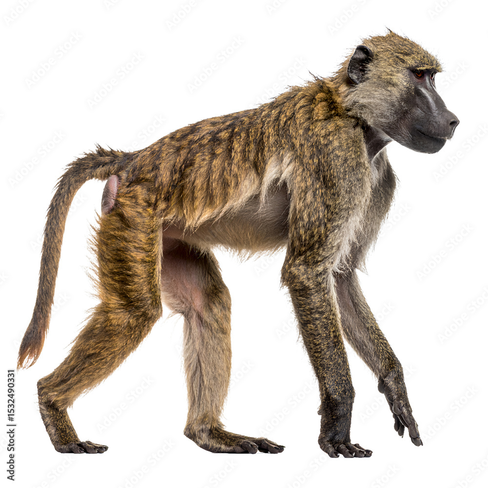 Fototapeta premium Olive baboon exhibiting its quadrupedal movement capabilities on transparent background