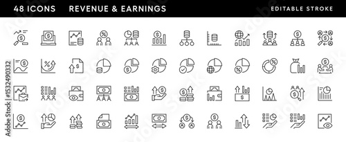 Financial and revenue icon collection. Earnings, business growth, finance, economy, statistics, summary, growing, pie, chart and more. Editable stroke. Pixel Perfect. Grid base 32 x 32.