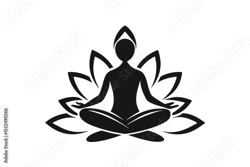 Black Silhouette of Person in Lotus Pose Over Lotus Flower Petals Illustration