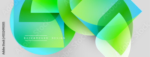 Abstract geometric shapes overlap, creating vibrant green, blue gradients. Background features text background design. Modern, dynamic visual composition.