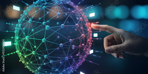 Global Network Connection Hand Interacting with Colorful Sphere Representing Digital Technology and Data