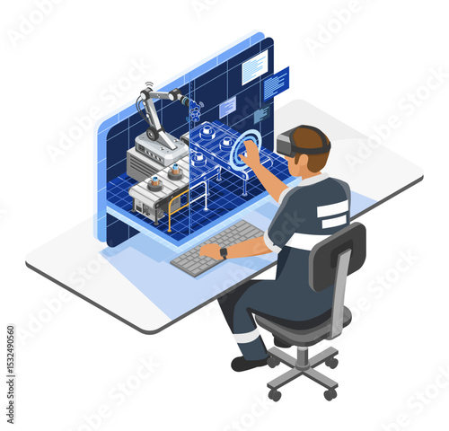 Engineer using augmented reality interface to design and simulate automated conveyor belt system for smart industrial manufacturing process